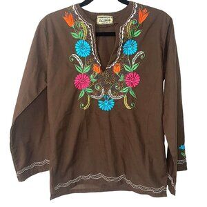 Alma Floral Embroidered Top Womens Size Medium Vintage Made In Nicaragua Brown